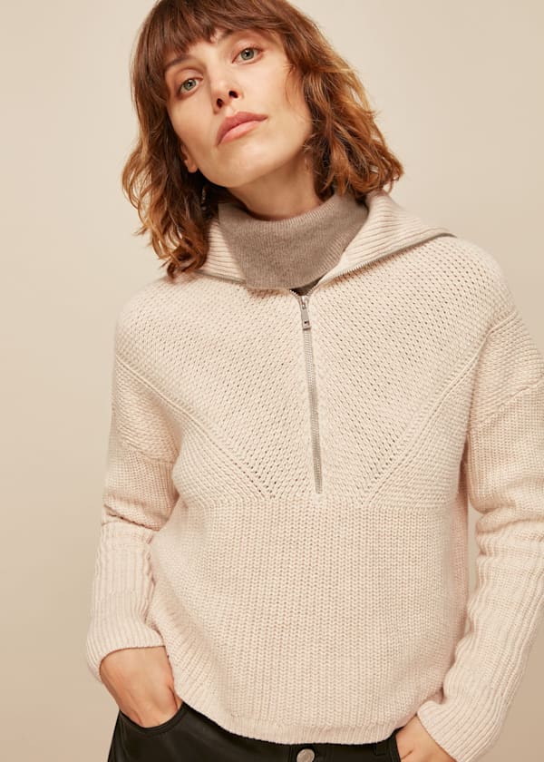 Oatmeal Knitted Zip Neck Sweater