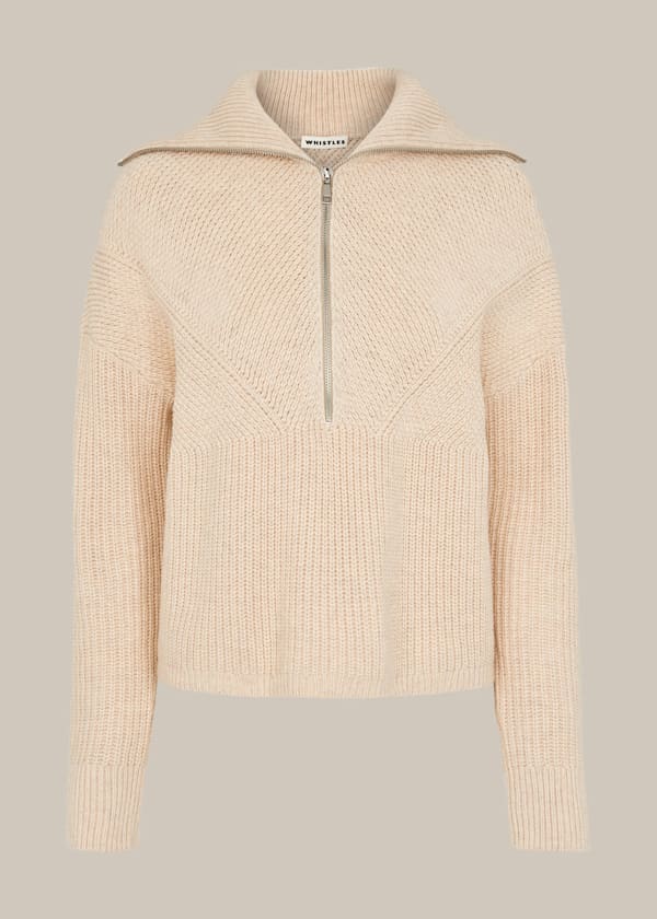 Oatmeal Knitted Zip Neck Sweater