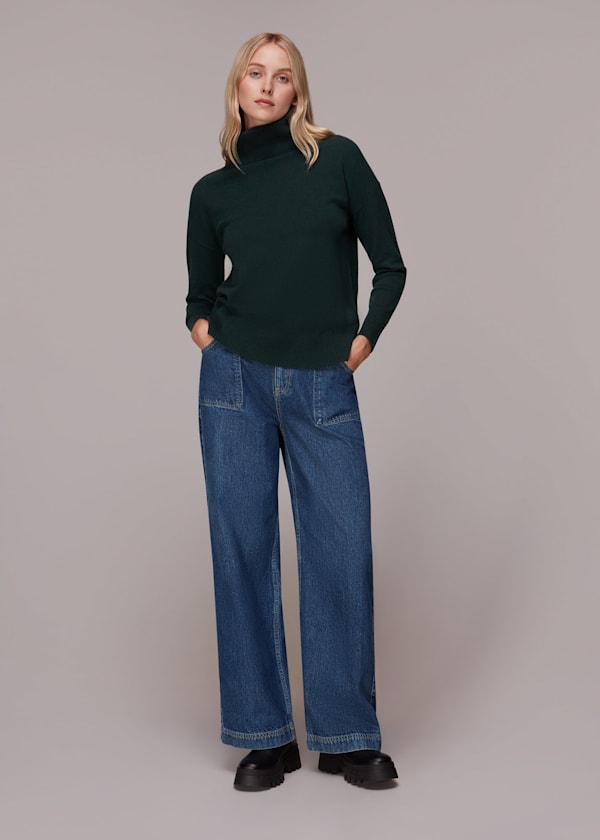 Dark Green Cashmere Roll Neck Jumper