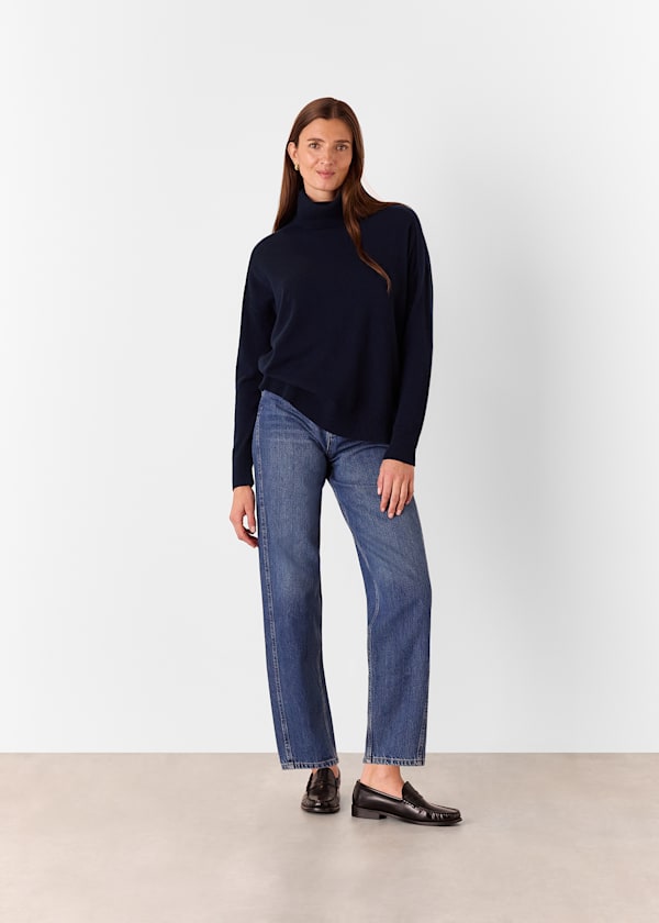 Navy Cashmere Roll Neck Jumper