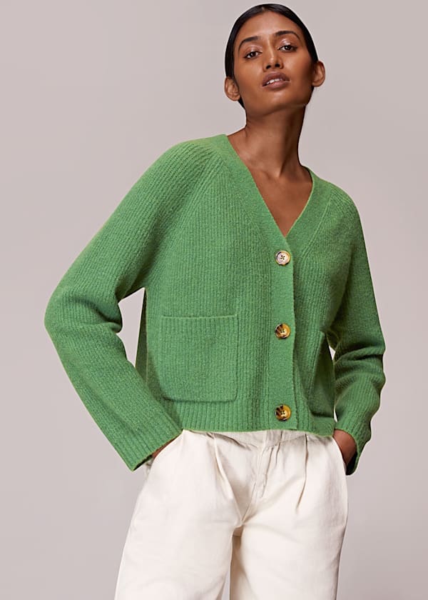 Green Ribbed Pocket Cardigan