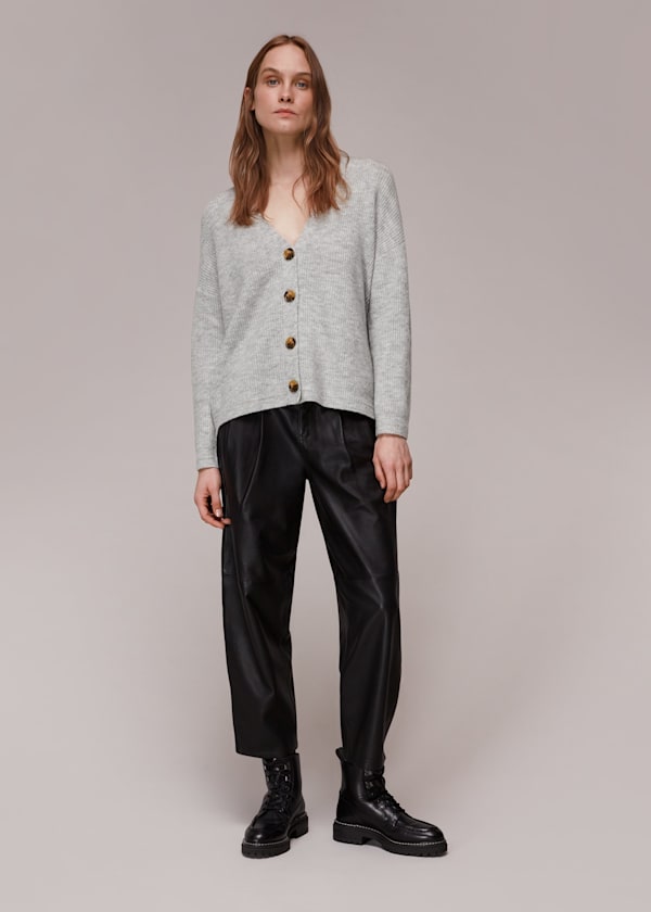 Grey Easy Wool Mix Rib Cardigan