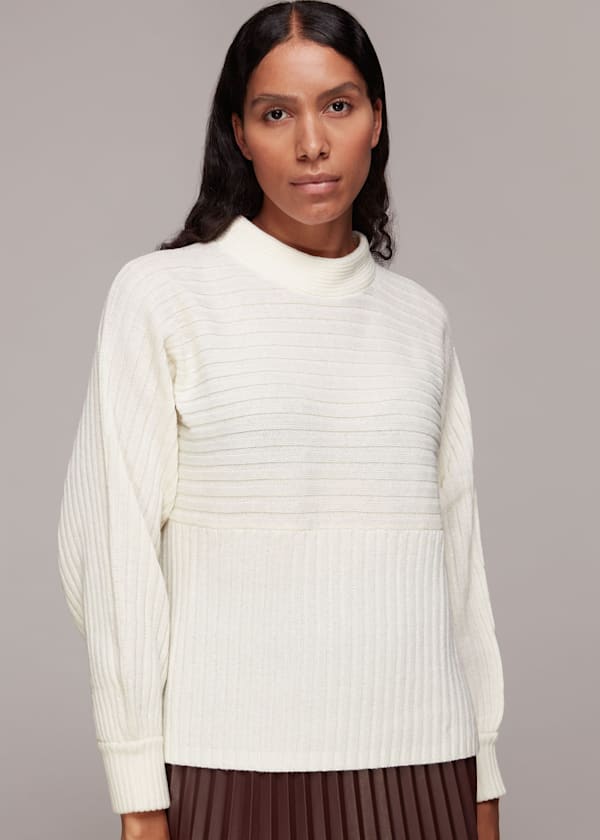 Ivory Contrasting Rib Funnel Neck