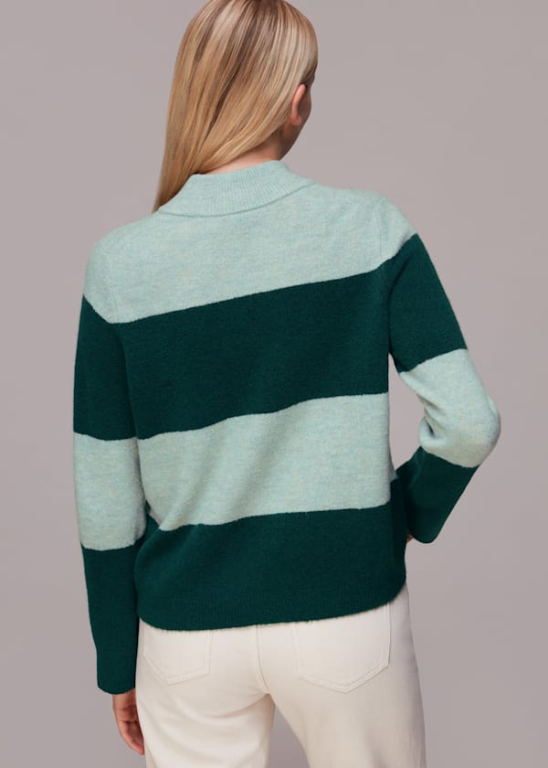 Green Stripe Button Neck Jumper
