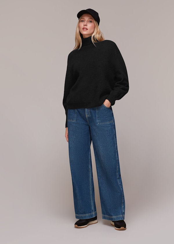 Black Ribbed Roll Neck Jumper