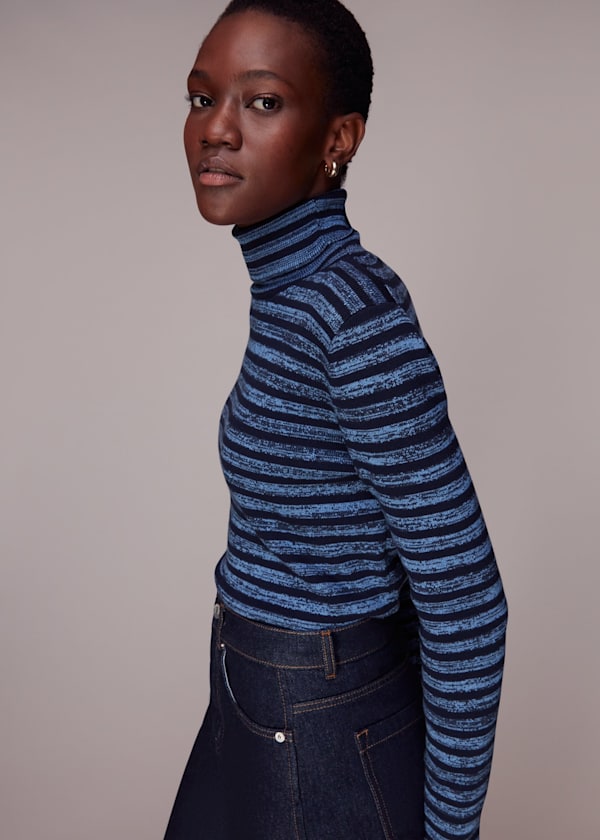 Blue Stripe Polo Neck Knit