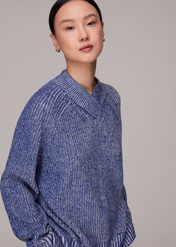 Blue Plated Rib V Neck Jumper
