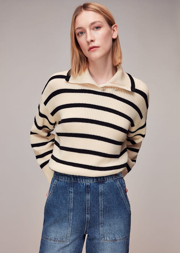 Navy Rib Stripe Collar Sweater