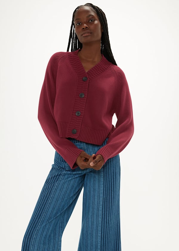 Burgundy Ribbed Detail Cotton Cardigan