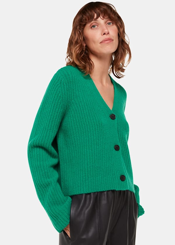 Green Wool Mix Rib Cardigan