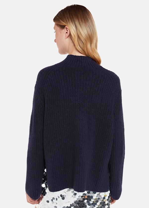 Navy Wool Mix Rib Mock Neck