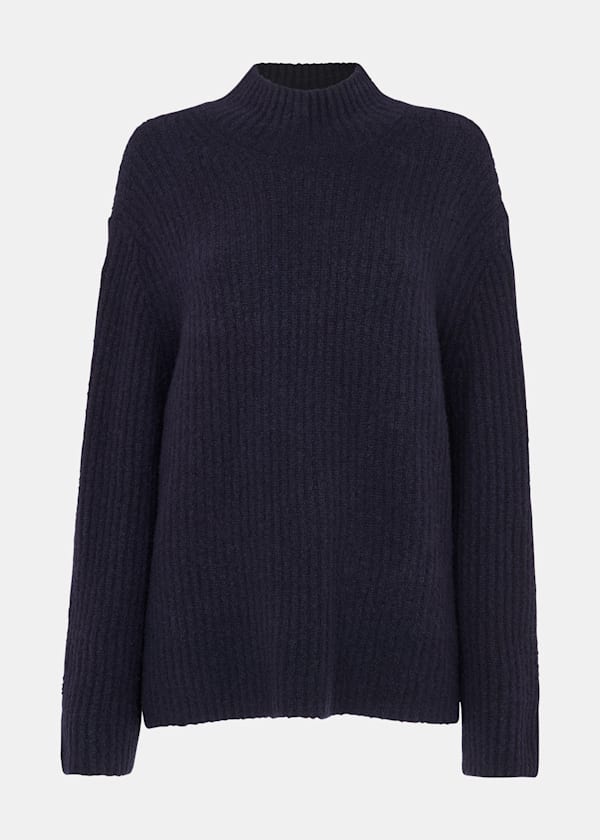 Navy Wool Mix Rib Funnel Neck