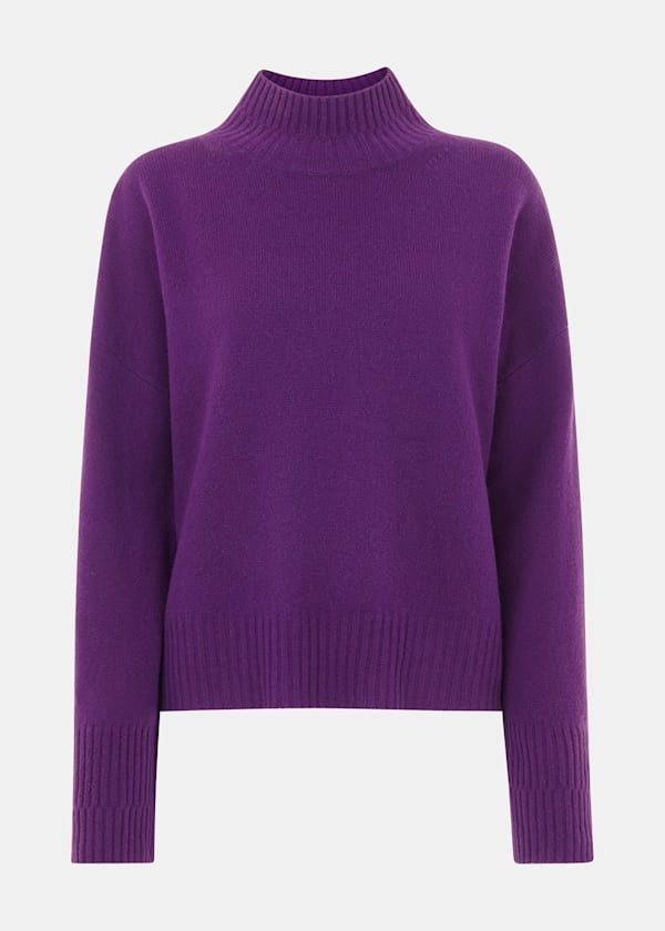 Purple Wool Double Trim Funnel Neck