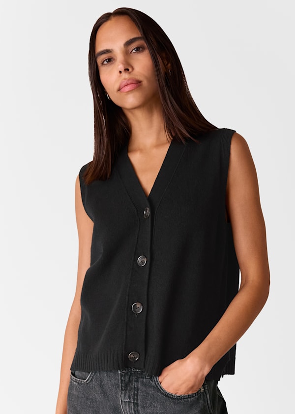 Black Wool Button Through Sweater Vest