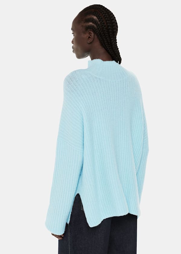 Pale Blue Wool Mix Rib Funnel Neck