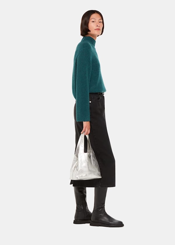 Teal Wool Mix Rib Funnel Neck