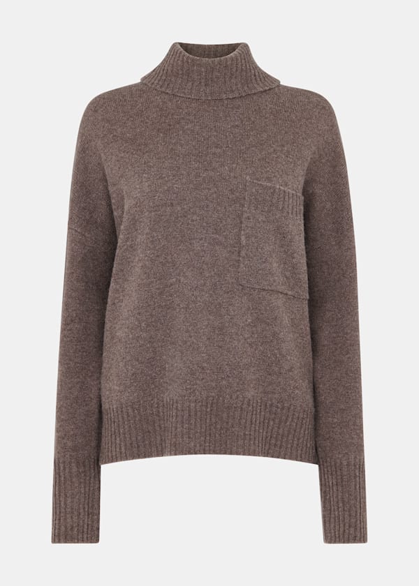Chocolate Wool Roll Neck Pocket Sweater