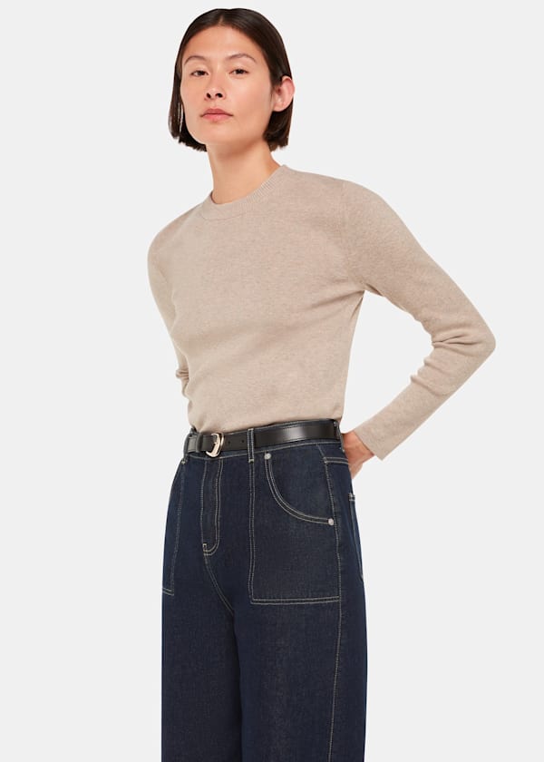 Neutral Keyhole Back Crew Neck Knit