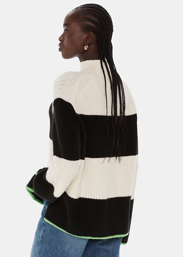 Black Block Stripe Rib Mock Neck