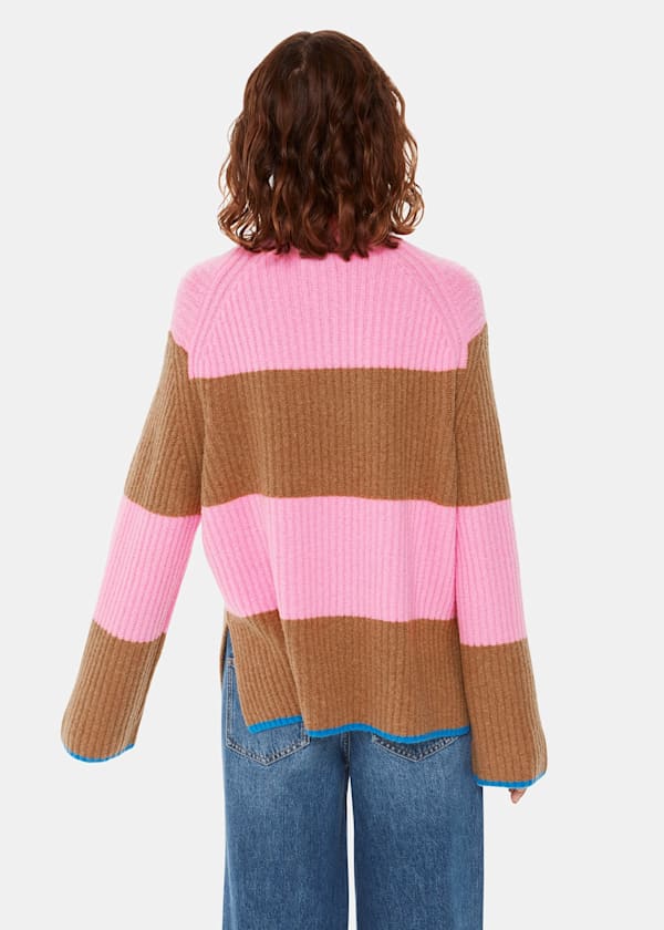 Pink Block Stripe Rib Funnel Neck