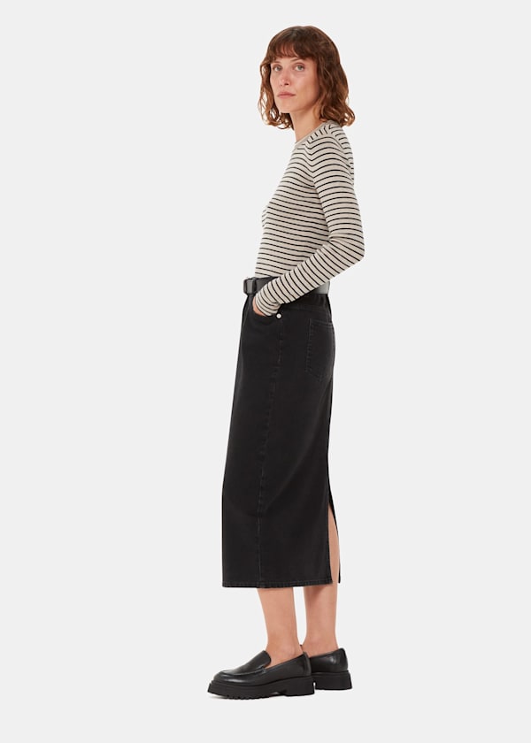 Black Fine Crew Neck Stripe Sweater