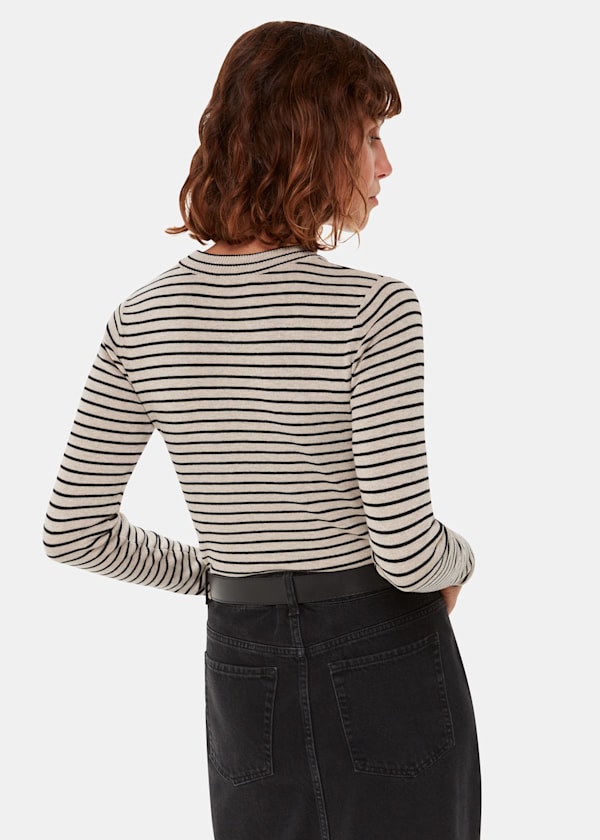 Black Fine Crew Neck Stripe Sweater