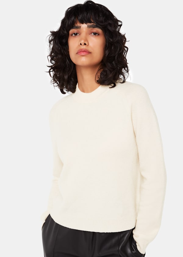 Ivory Wool Textured Crew Neck Sweater