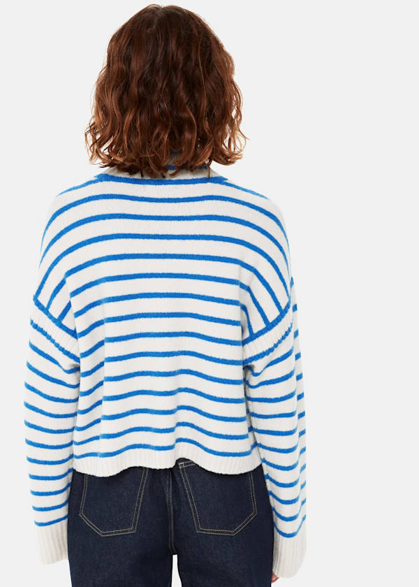 Blue Stripe Rib Detail Mock Neck Sweater