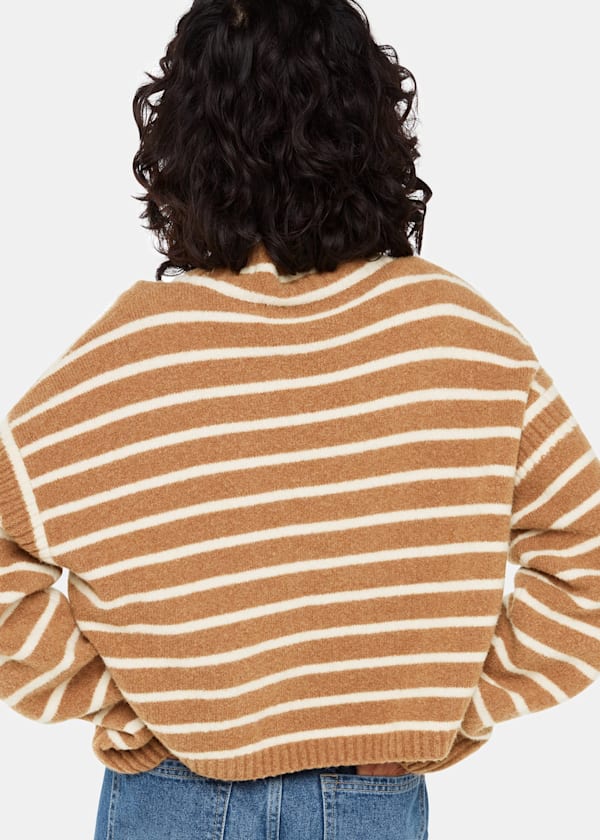 Cream Stripe Rib Detail Funnel Knit