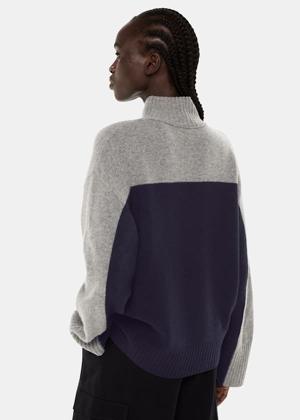 Navy Wool Colour Block Funnel Neck