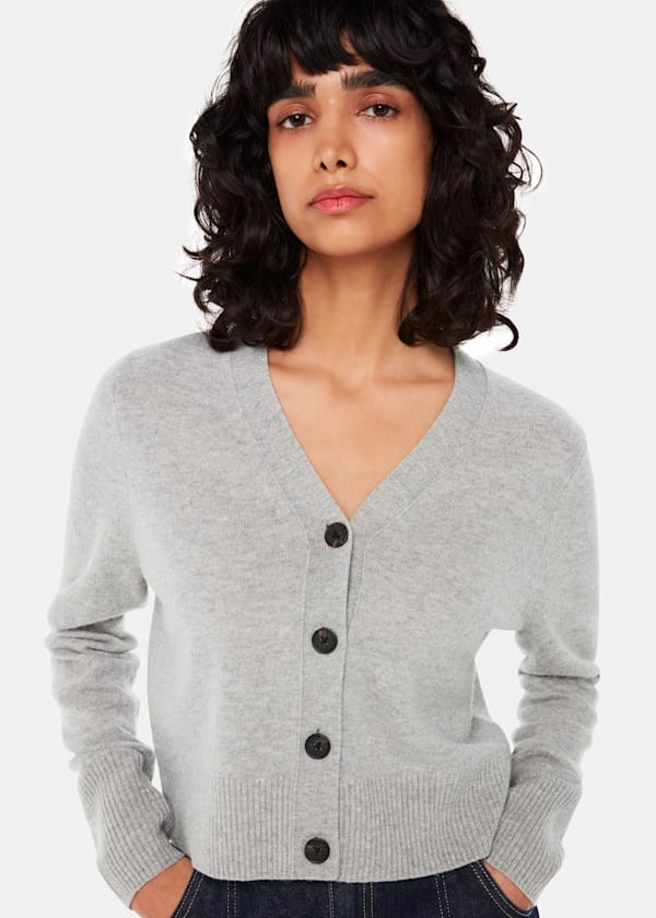Grey Wool Cropped V Neck Cardigan