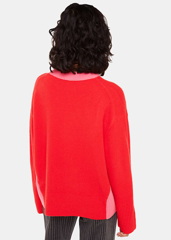 Red Color block Crew Neck Sweater