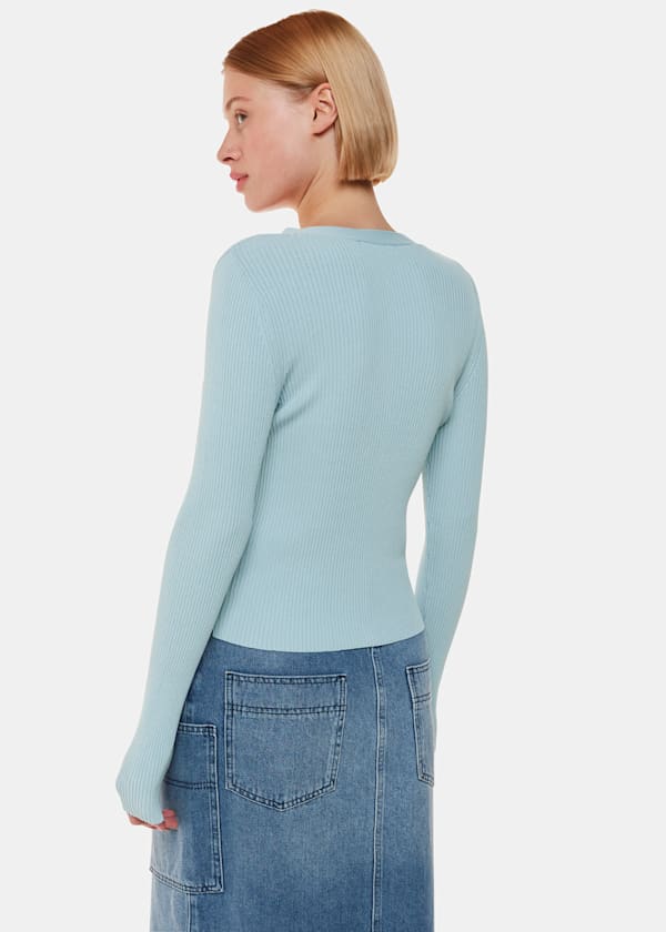Blue Ribbed V neck Cardigan