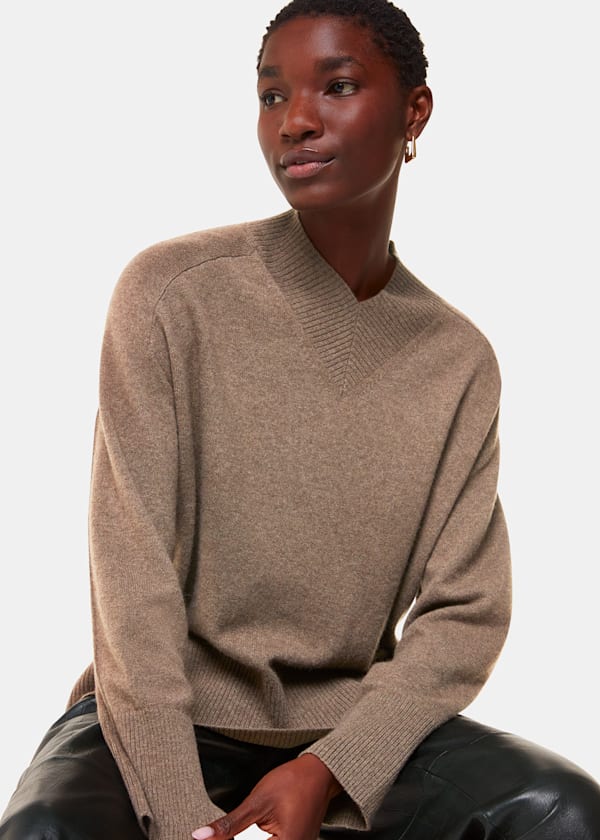 Neutral Cashmere V Neck Sweater