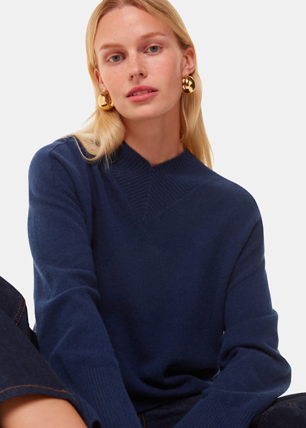 Navy Cashmere V Neck Sweater