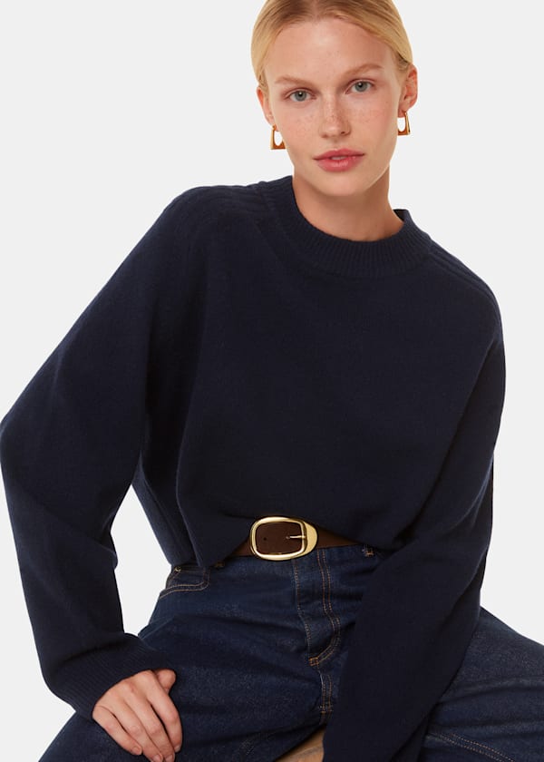 Navy Wool Crop Relaxed Sweater