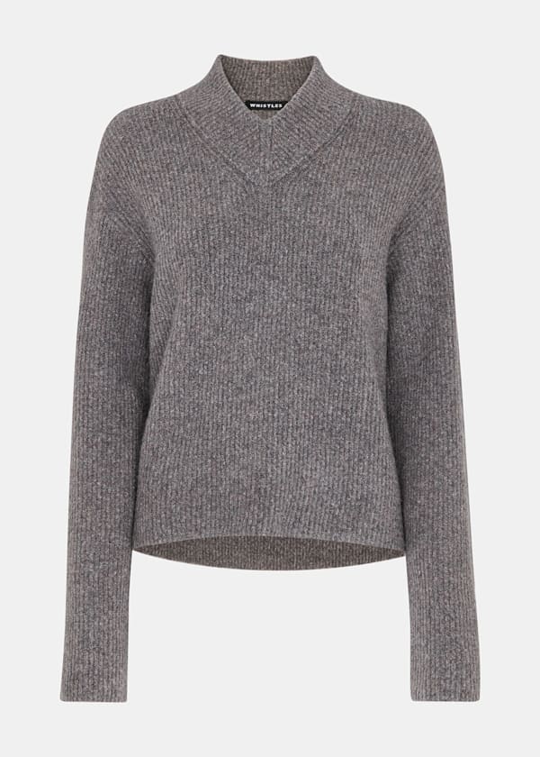 Grey V Neck Wool Mix Knit
