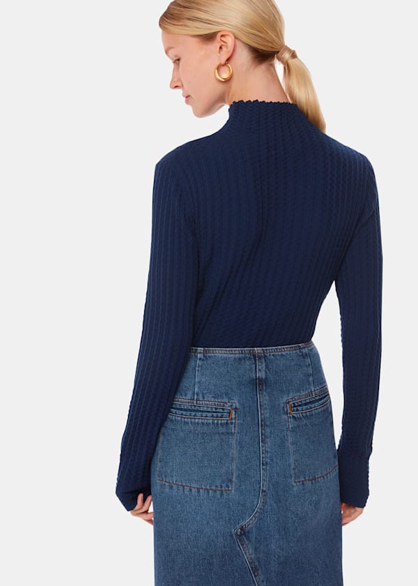 Navy Textured Detail High Neck Knit