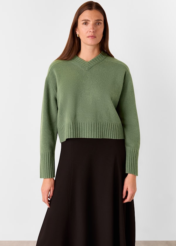 Sage Green Wool V Neck Knitted Jumper