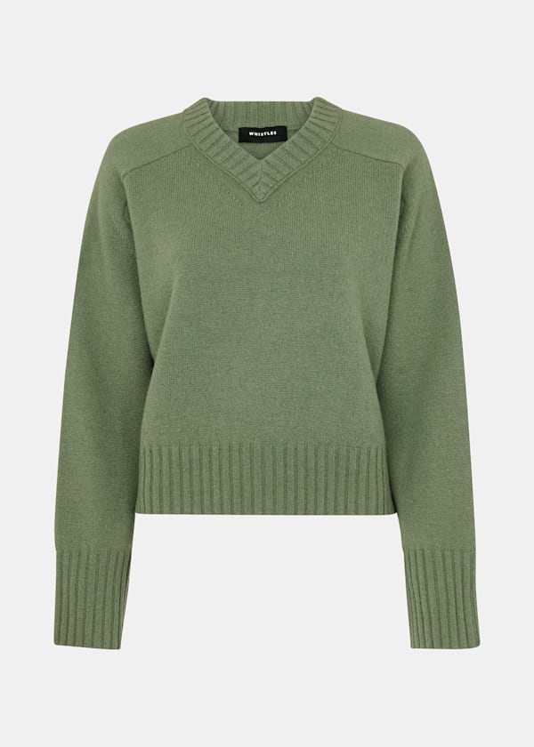 Sage Green Wool V Neck Knitted Jumper