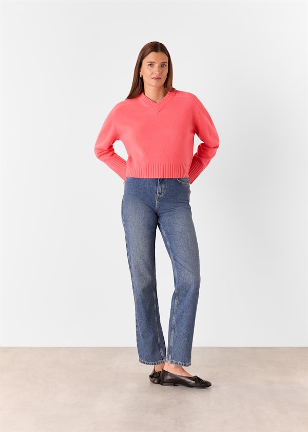 Pink Wool V Neck Knitted Jumper