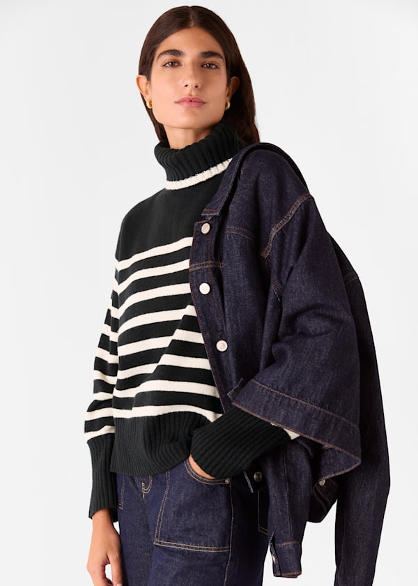 Black Stripe Wool Roll Neck