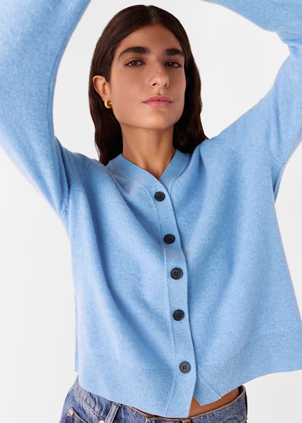 Blue Button Front V Neck Cardigan