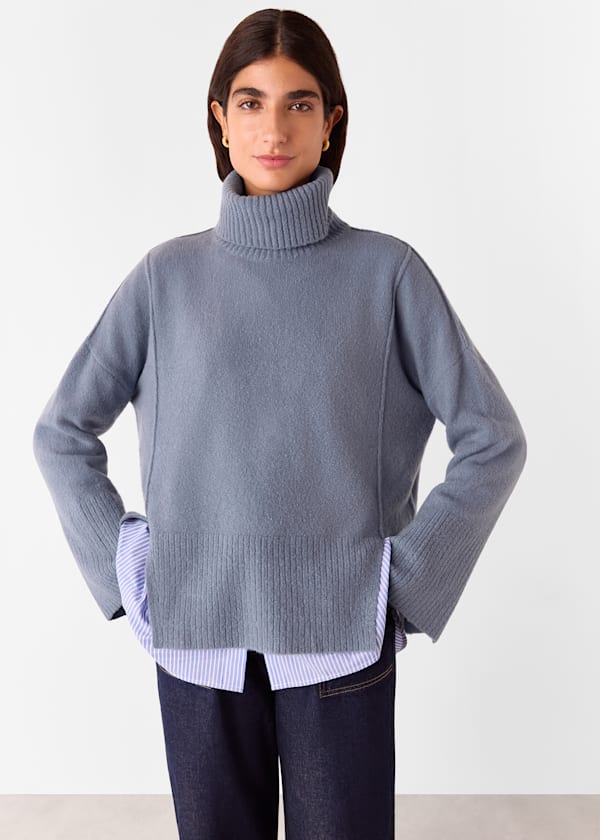 Blue Wool Mix Roll Neck Knit