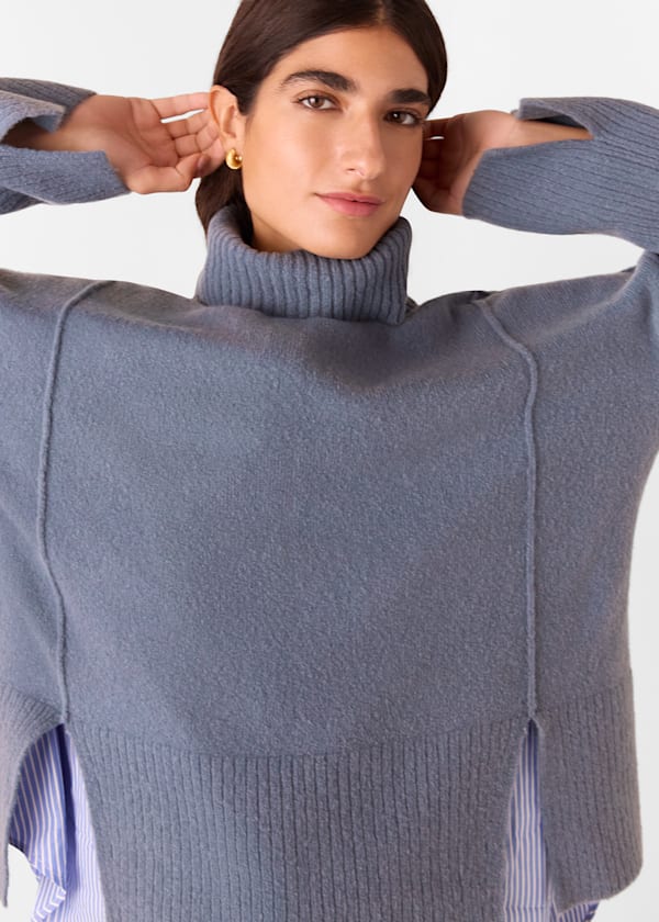 Blue Wool Mix Roll Neck Knit