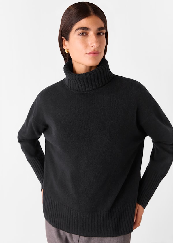 Black Wool Split Back Turtleneck Sweater