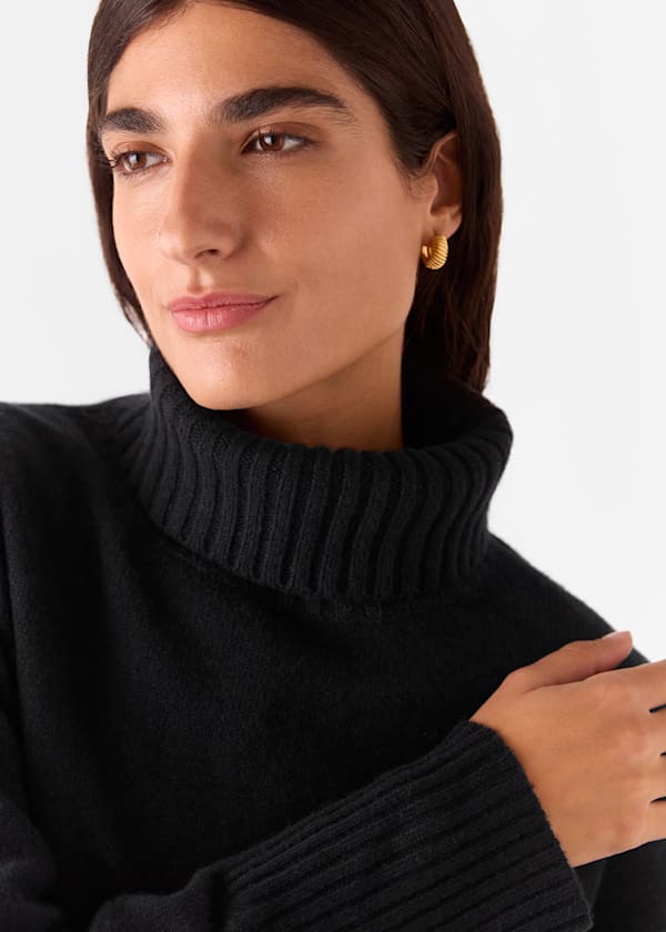Black Wool Split Back Turtleneck Sweater