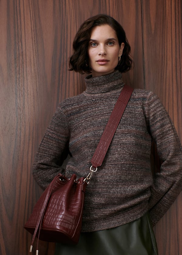 Brown Textured Funnel Neck Knit