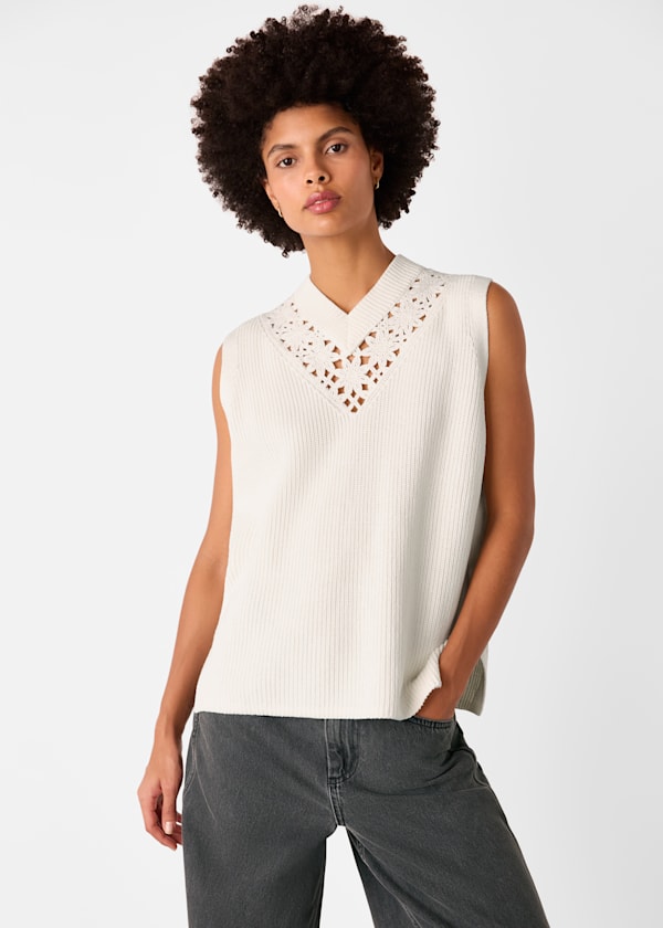 White Floral Crochet V Neck Tank