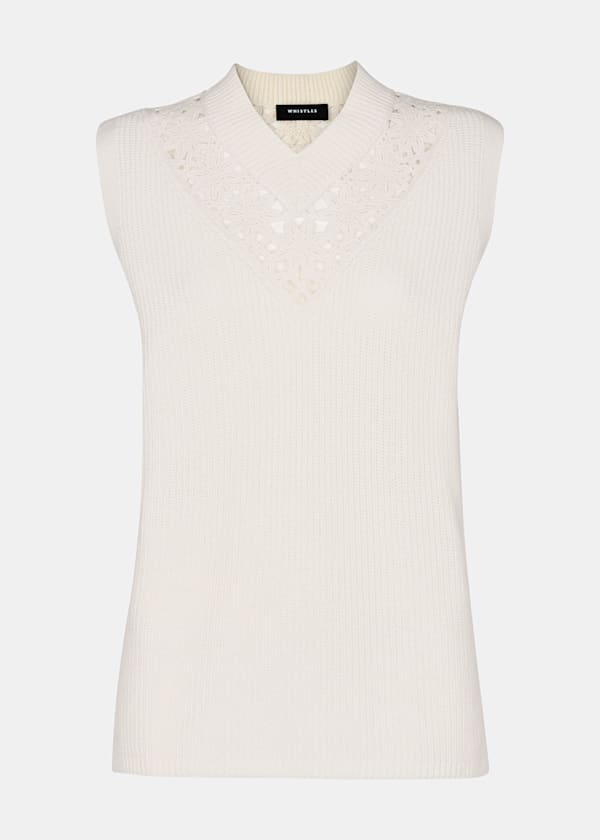White Floral Crochet V Neck Tank